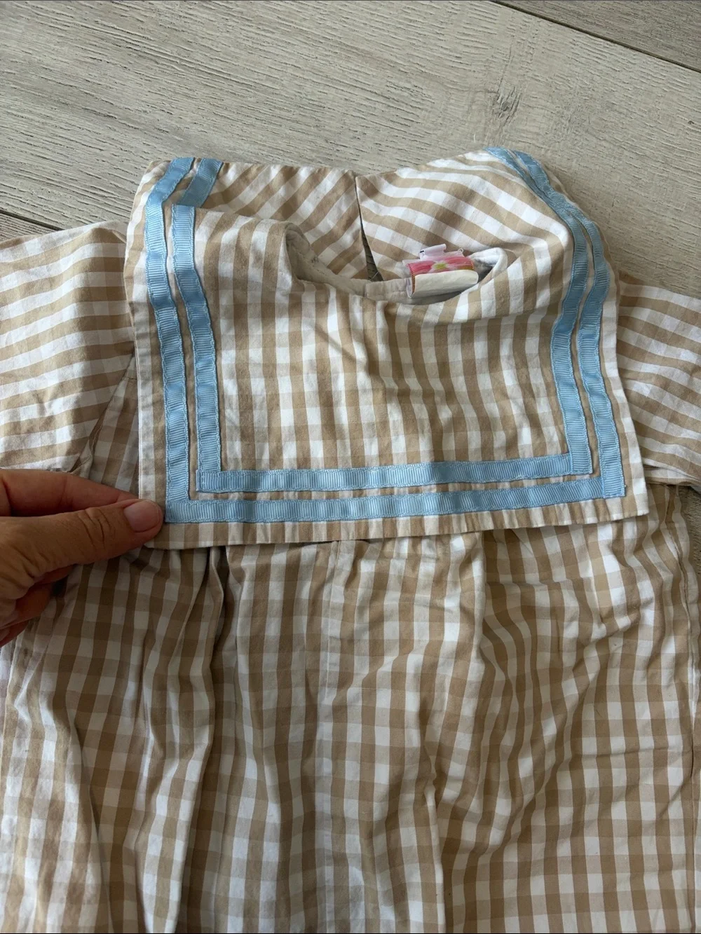 Cecil and Lou size 9 months bibbed gingham print tan blue ribbon romper long